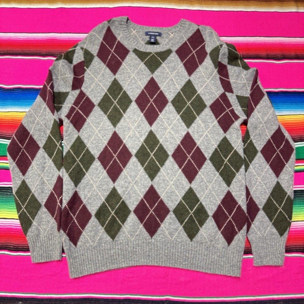 Vintage 90s Lands End Men L 100% Lambswool‎ Grey Argyle Sweater Preppy Grunge